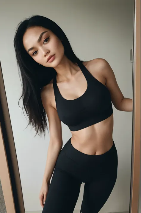 arafed instagram supermodel, Kazakhstan features, mid-length black hair, pale skin, perfect face, looking hot, Victoria secret model body, jenny kim, lily rose depp, harsh polaroid flash, vintage quality, alo yoga pants, sports bra