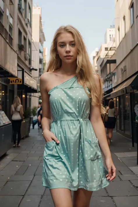 Young woman, 22, Sexy, blonde with shoulder length hair, Freckles, green eyes, serious expression, I&#39;m standing in the city, Low buildings, white polka dot dress, pockets in dress, hands in pockets, Looking away, blonde hair, Photo, photorealism