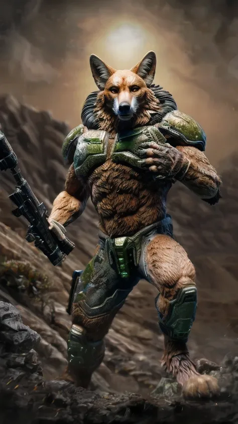 high detail, film, cinematic, realistic, masterpiece, male with(gun), (doom3), maned wolf, anthro, furry, maned wolf ears, detai...