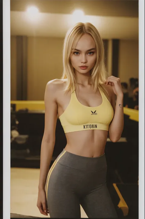 arafed instagram supermodel, Kazakhstan features, mid-length yellow hair, pale skin, perfect face, looking hot, Victoria secret model body, lisa blackpink, lily rose depp, harsh polaroid flash, night, vintage quality, alo yoga pants, sports bra