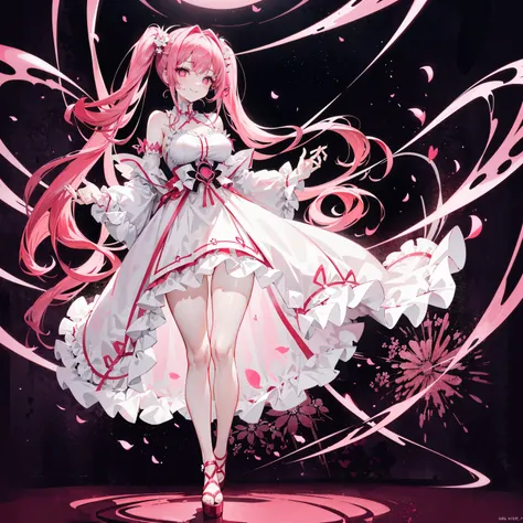 1 girl,pink hair(twin tails),crimson red eyes(flower shaped pupils),beauty mark,wearing a white dress(priestly vibe madness domain cleric,insane smile,full body,standing up,daytime,standing in a opulent garden