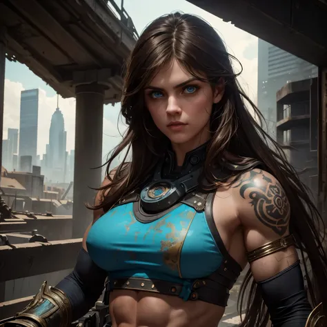 Alexandra Daddario, detailed photo of a futuristic beautiful female warrior in a dystopian city, tattered outfit with rusty metal armor plates, long wild hair, female bodybuilder physique, bodybuilder veins, shredded abs, veins everywhere, extremely vascul...