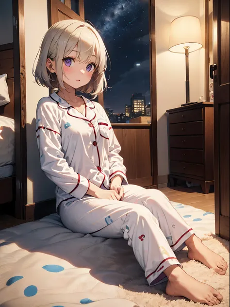 highest quality、masterpiece、High resolution、very detailed、8K、(((one girl)))、cute、bob hair、long sideburns、anime、Transparent white skin、((hair color is white))、eyes purple、((Winter pajamas with footprint pattern))、((midnight))、Sleepy look、lie down、((((girl s...