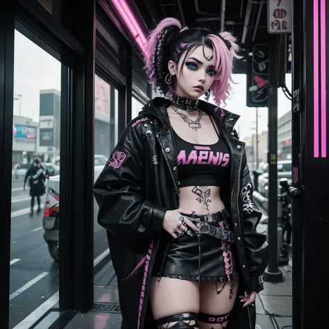 Anime/cyberpunk, 22 year old, woman, wears alternative and emo clothes, wears short skirts, does grunge makeup, is mixed white and black with curly black and pink dyed hair, has snake bite piercings, has a septum piercing, has a eyebrow piercing, has multi...