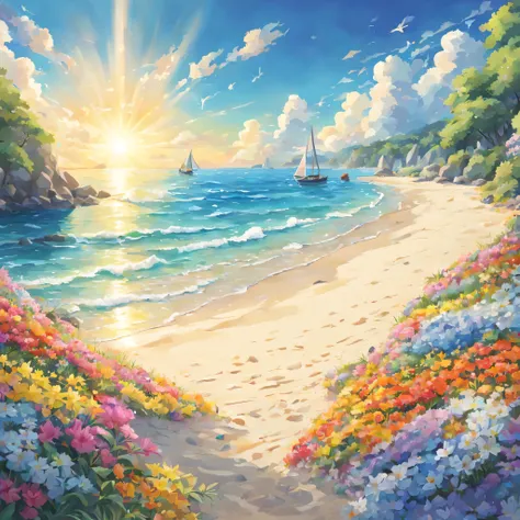 Studio Ghibli-style illustration showcasing a beach, with crystal clear water , and vibrant flowers. The suns rays dance across the scene, creating a breathtaking display of natures beauty. sailing boats on the beach sand ,Let our AI bring this stunning 8k...