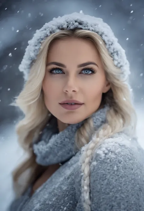 arafed 40 year old thick woman in a gray sweater in the snow, icy eyes, blond hair, pony tail, facing camera, frozen cold stare, karol bak uhd, cold but beautiful, cold hazel eyes, music video, fierce expression 4k, snowing, cold snow outside, cold winter,...