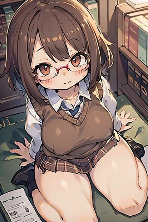 Full body, very cute female , 15yo student, bob cuts, (Glasses, shy, blush stickers), white collar shirt, (Brown Sweater vest, tie), plaid skirtedium breasts), (thick thighs:1.3), (thighs closeup, wariza), View from above, Sitting in the library, Sunset, p...