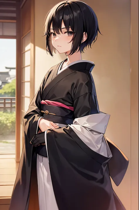 1 boy,closed mouth,short hair,straight hair,bangs,japanses clothes, kimono, ,bad expression,black hair, black eyes