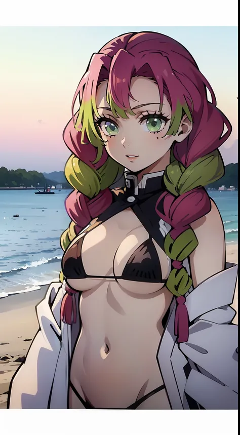 a 1girl, Japanese ocean, beach, beautiful big breasts, rose hair, Bright green color at the ends of the hair,  MitsuriKanroji,stands in full growth in pink micro bikini,  (Body Full 1:1), Dazzling, smil, chest, In art: Demon Slayer, Demon Slayer Art Style,...