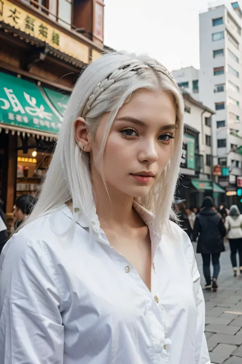 beautiful Slavic girl with white hair in an Asian city