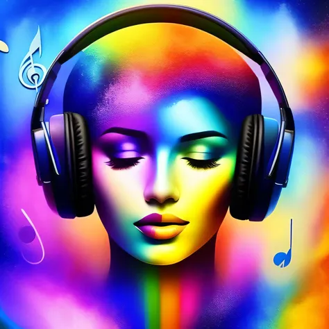 uma pintura de cores planas, Rainbowshift person listening to music, notas musicais, sinestesia, imagem dividida ao meio, com um lado representando os anos 1980 e o outro lado representando o futuro