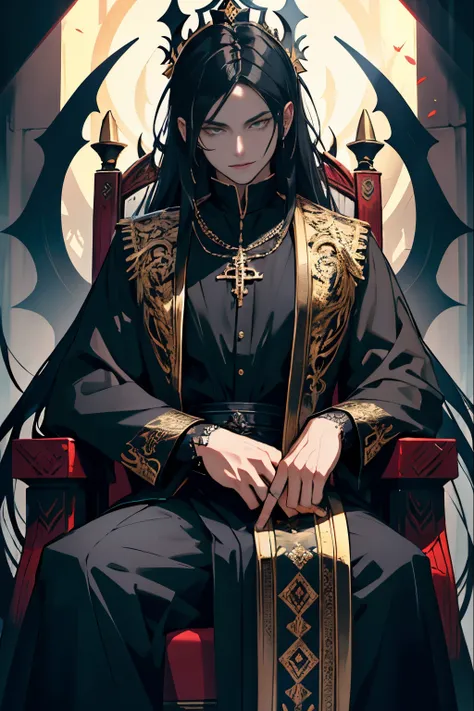 man sitting on gothic throne of bones,long black hair,golden eyes,black shadows on eyelids,skinny,slavic clothes,cinematic,dark colours,horror,masterpiece,high detail,8k