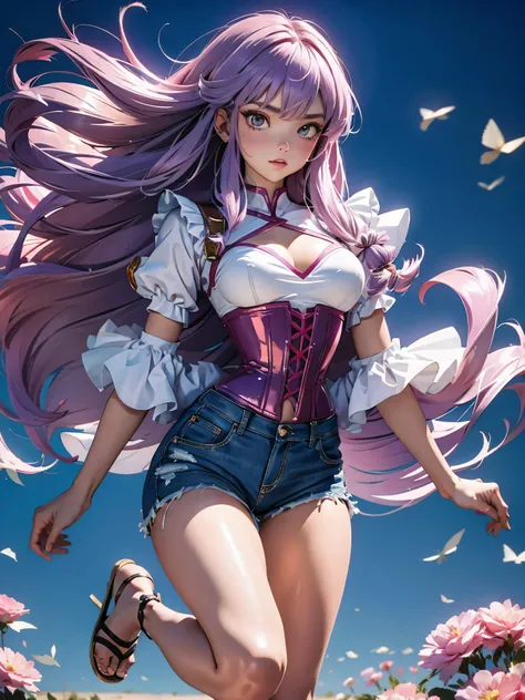 Anime cabelo purple com short jeans e corset rosa pink, 16 anos, corpo bonito, seios grandes, com as hands on chest, hands on chest, Garota sexy, purple cabelo, mechas de cabelo laterais, mechas de cabelo na lateral do rosto, beautiful lighting, sombras su...