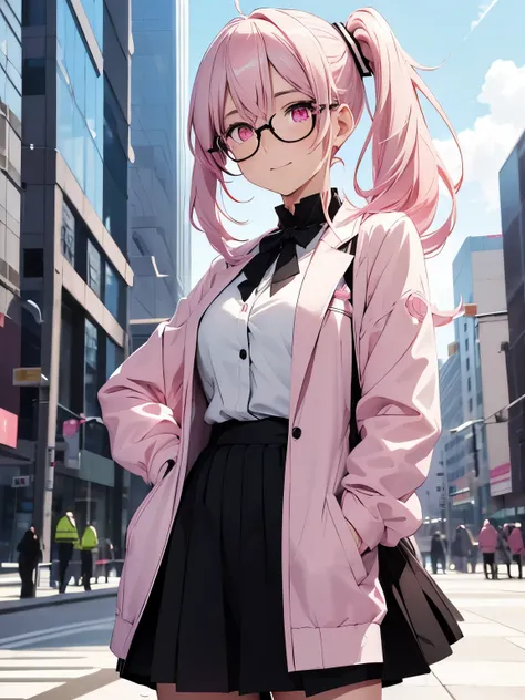 Anime Girl, Pale White Pink Hair, Cheerleader Tied Ponytails, Black Glasses, Pink Eyes, White Shirt, White Jacket, Black Skirt, Black Heels, City Plaza Background, Soft, Cute, Happy Expression, Close-up Portrait, Standing Position