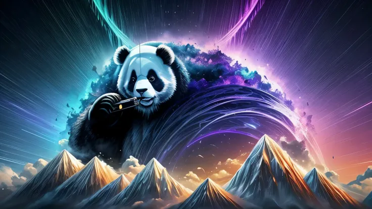 arte oficial, Papel de parede unificado de 8k, notas musicais, panda, dynamic angle, fone de ouvido, The Most Chaotic Forms, cores brilhantes, atmosfera, Brasil, music