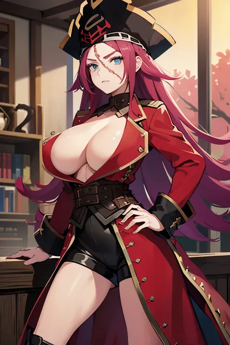 Francis drake, fgo, blue eyes, long hair, pink hair, scar, red pirate jacket, pirate black hat, braid, belt, black footwear, boots, pirate clothes、big breasts、long red hair、shiny skin、fishnet tights、sharp eyes、cool expression、 detailed、4k, masterpiece, det...