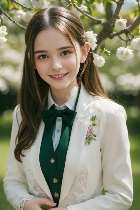 Masterpiece, Best quality, 8k, 18 ans, Photo brute, absurdes, Award-winning portrait, sourire, sourire, pure, french, elegant vibrant green suit, spring, orchard in bloom, laces, famous singer, cute