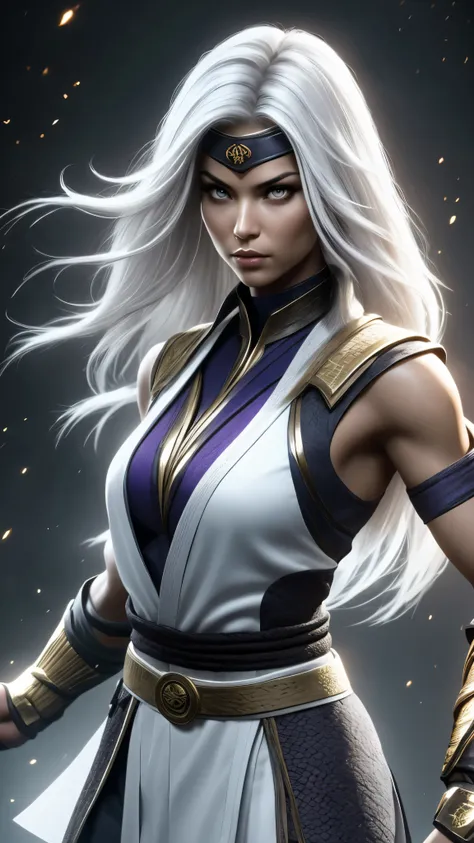 Uma linda e sexy guerreira com longos cabelos brancos e olhos roxos brilhantes vestindo um kimono branco com detalhes dourados no estilo mortal kombat 11 