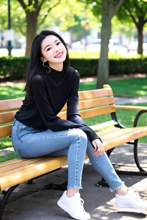 ((highest quality)), ((masterpiece)), A neat and beautiful woman sitting on a park bench、long sleeve blouse、skinny denim、sneakers、black hair、smile、smile showing teeth、full body photo、ear piercing
