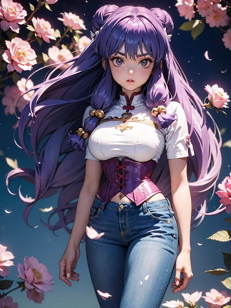 anime cabelo purple com short jeans e corset rosa pink, 16 anos, corpo bonito, seios grandes, com as hands on chest, hands on ch...