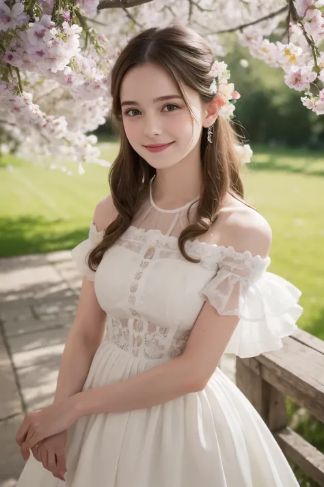 Masterpiece, Best quality, 8k, 18 ans, Photo brute, absurdes, Award-winning portrait, sourire, sourire, pure, french, elegant vibrant flowery dress, spring, orchard in bloom, laces, famous singer, cute