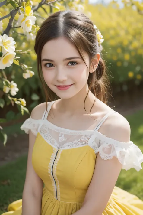 Masterpiece, Best quality, 8k, 18 ans, Photo brute, absurdes, Award-winning portrait, sourire, sourire, pure, french, elegant vibrant yellow dress, spring, orchard in bloom, laces, famous singer, cute