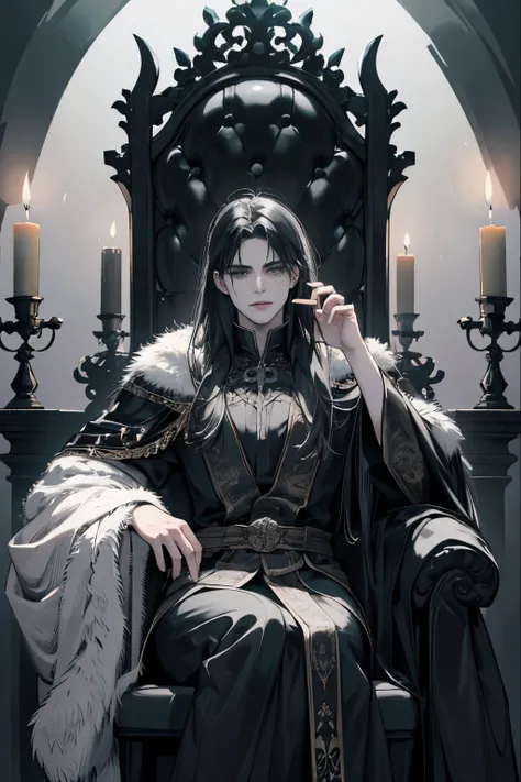 (best quality,4k,8k,highres,masterpiece:1.2),ultra-detailed,(realistic,photorealistic,photorealism:1. 37),male,young Koschei the Immortal sits on a throne of bones,[Slavic folklore],sinister look,tense expression,long black hair,ancient and powerful,timele...