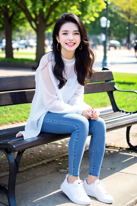 ((highest quality)), ((masterpiece)), (become familiar with), perfect face、((highest quality)), A neat and beautiful woman sitting on a park bench、long sleeve blouse、skinny denim、sneakers、black hair、smile、smile showing teeth、full body photo、ear piercing