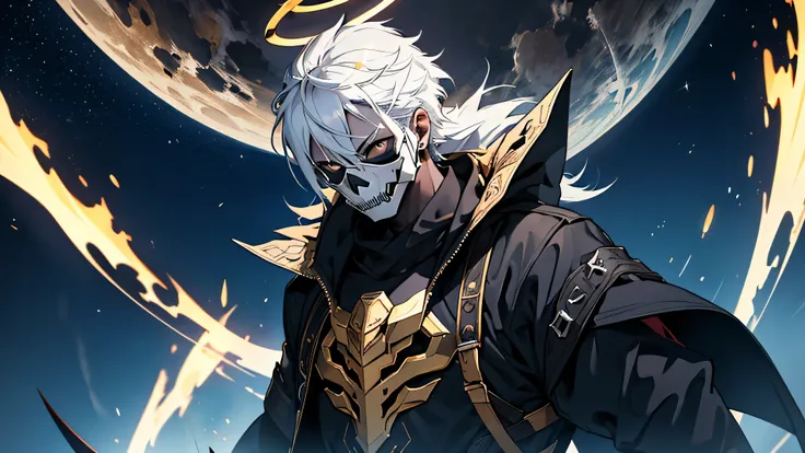 anime guy, bone mouth piece, wearing bone mask, human face, human head, white skin tone, black halo, black halo above character, halo, raising arms, arms raised, older guy, mature, 25 years old, badass, holding daggers, assassin, human, hybrid, demon/human...