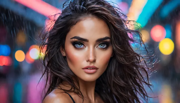 (high quality:1.2),ultra-detailed,photorealistic,mulher linda de cabelos compridos e soltos ao vento, detailed and captivating eyes, sensual outfit, sem guarda chuva, magical environment with a neon background, canon eos r3, 20 megapixels
