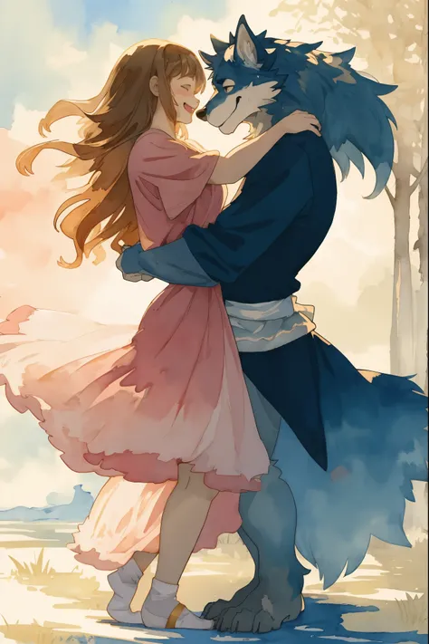 watercolor, soft color, Vintage images, highres, unparalleled masterpiece, absurdres, love story of human  girl and giant Werewolf, pair, Height difference, Physical difference, perfect anatomy, smile, joyful, play with, smile, happy, watercolor,