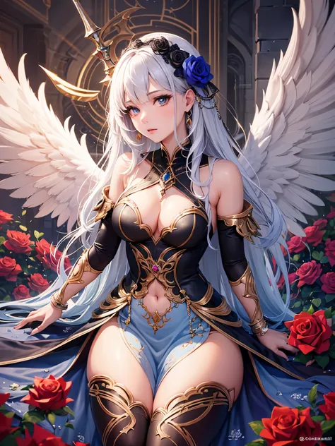 ((highest quality)),(ultra high resolution),(Super detailed),(detailed description),((best CG)),(best work of art),super precision art,amazing drawing art,(Fantasy art with precise details:1.5), (one female angel:1.5),(beautiful and well-shaped face:1.6),(...