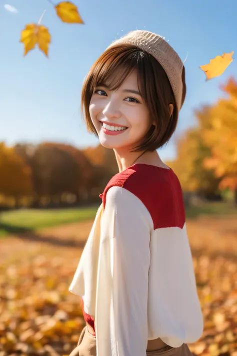 A happy smile looking at this、Under the Autumn Sky、dressed casually、20 year old girl with short hair, Adorable, Light Red Top.