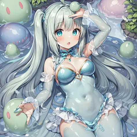 1girl, long turquoise hair, twintails, (detailed turquoise eyes), turquoise clothes, bathing in slime, masterpiece, high resolution, best quality, (anime art)