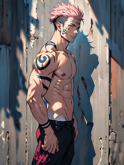 Best quality, masterpiece, expressionless, ultra high res, detailed background, solo, muscular male, short hair, cowboy shot, real shadow and light, Sukuna a man with pink hair and shirtless, tattoo_ryoumen, tattoo_on_his_face, eye focus, manly, mature, fu...