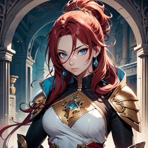 Ultra High Definition, Ultra High Quality, Extremely Detailed, Perfectly Detailed, Masterpiece, 8k, 1girl, Look A Like Xin From Kingdom Anime, Handsome, Equipped With Royal Knight Armor, Solid Light Blue Eyes, Long Red Hair, Body Shot, Ancient Kingdom Back...