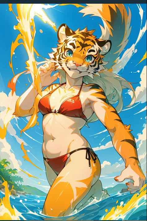 (​masterpiece, top-quality, Official art:1.2)Look at viewericro bikini, tiger and girl, Tiger painting}A flash of light runs, Colorful water levitation(2D:1.5),