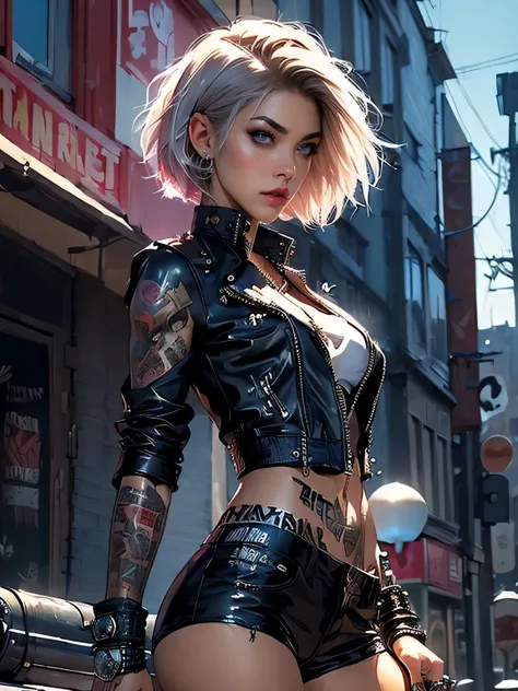 (((highest quality: 1.4))),(A masterpiece like no other in history), (ultra high resolution),(Ultra-realistic 8k CG), official art、 (((adult body))), (((1 girl))), ((( bob short hair ))), punk girl with perfect body, jacket with metal spine,beautiful and w...