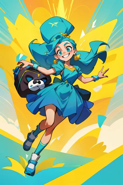 Mascot of a cartoon-style teenager, with a playful bow adorned in her long, wavy hair, dons a vibrant green and blue dress that dances with every move she makes. A black bag slung over her shoulder holds her essentials as she confidently strides forward. B...