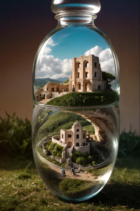 (An intricate mini-landscape of a mini-princess trapped in a bottle), (sassi_di_matera trapped in a bottle), atmospheric oliva lighting, on the table, 4k UHD, dark vibes, hyper detailed, vibrant colours forest background, epic composition, octane render, s...