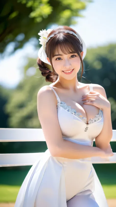 (realistic, photo-realistic:1.4), (extremely detailed 8k wallpaper), bokeh, detailed beautiful eyes and skin, (Image from thighs to head:1.3), (Japanese idol:1.3), 25yo, beautiful woman, smile, (large breast:1.3), full body, 
White and silver equestrian at...