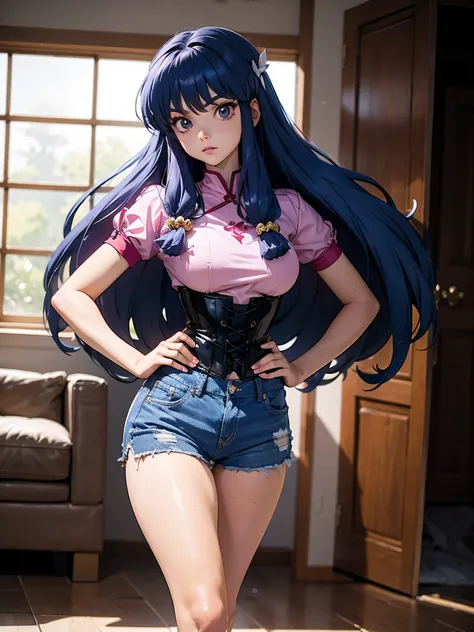 Anime cabelo purple com short jeans e corset rosa pink, 16 anos, corpo bonito, seios grandes, with hands on hips and in hair, hand on ass and hair, Garota sexy, purple cabelo, mechas de cabelo laterais, mechas de cabelo na lateral do rosto, beautiful light...