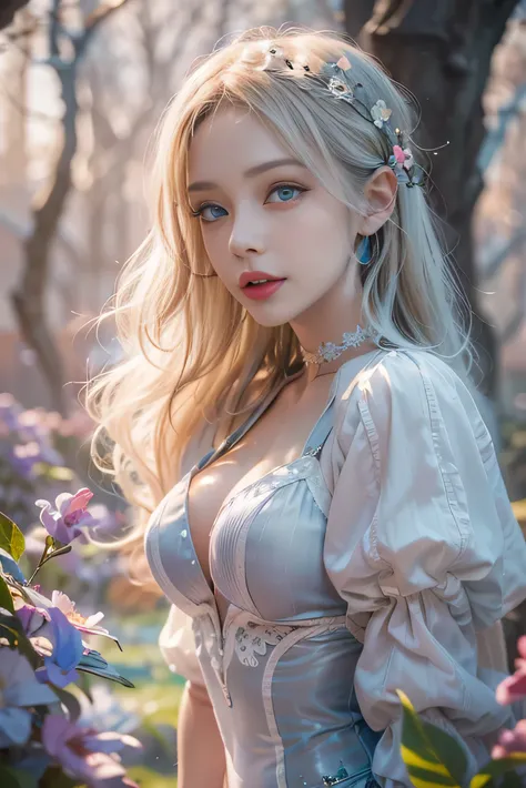 (photorealistic:1.8, highest quality:1.8,8K masterpiece:1.8,High resolution,muste piece:1.8,RAW Photos,cinematic lighting,red and purple dream colors),fantasy world,One 23 year old woman,(white leotard,choker,Cleavage cut),( face, detailed lip, beautiful d...