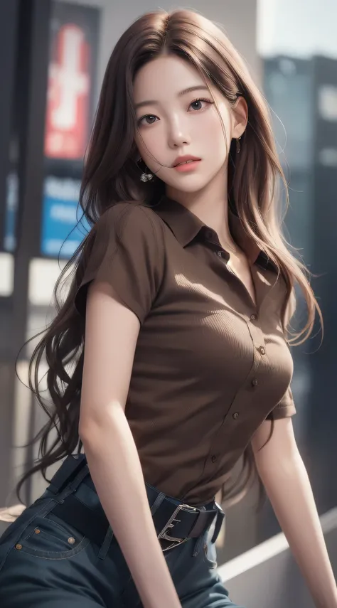 Photorealistic, masutepiece, Best Quality, Raw photo, 1girl in, Solo, Long hair, Brown hair, Detailed face, alluring face, Collared shirt, medium breasts, Dynamic Pose, Looking at Viewer, From below, Detailed background, fine detailed, intricate detailes, ...