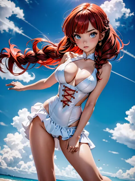 Garota Ruiva de anime em vestido lonho e corset pink, saia, 16 anos, corpo bonito, seios grandes, com as hands on chest, hands on chest, Garota sexy, red hair with braid, mechas de cabelo laterais, mechas de cabelo na lateral do rosto, beautiful lighting, ...