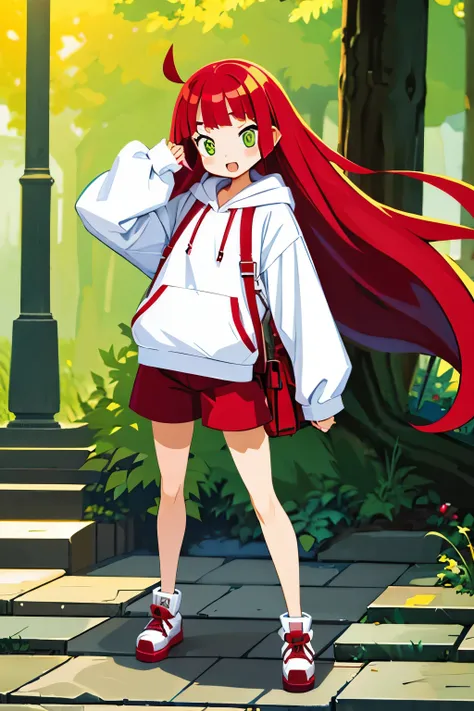  young baby face shy slanted eyes slightly open mouth red cheeks squishy bangs long flowing hair light red hair yellow-green eyes white pupils slightly white skin innerwear shorts baggy hoodie leather shoes shoulder bag cute gesture