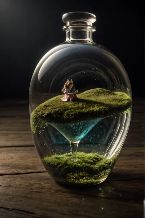 (an intricate landscape of a mini-princess trapped in a bottle), (tiny princess trapped in a bottle), atmospheric oliva lighting...