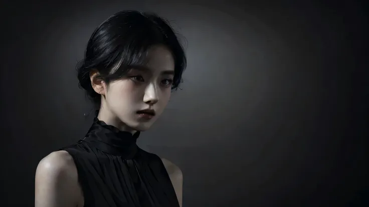 (best quality, highres:1.2), realistic, black dress, black hair, dark theme, black background, intense gaze, elegant posture, flowing dress, detailed facial features, long eyelashes, pale skin, Jisoo Kim, contrast, fine details, dramatic atmosphere, gothic...