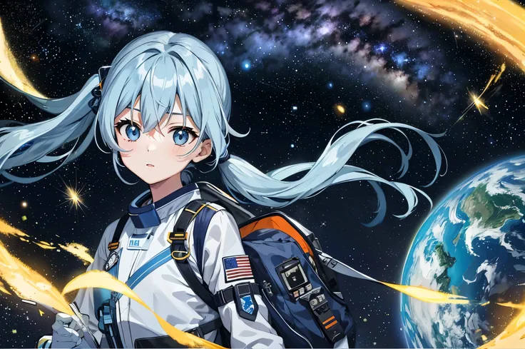 light blue long hair、Beautiful girl with twin tails、Wearing an orange NASA space suit、doing extravehicular activity in outer space、jet black universe、milky way、Milky Way、I see the blue earth