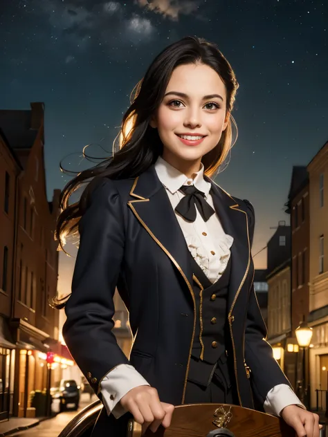 (masterpiece), best quality, expressive eyes, perfect face,a girl smiles towards the camera in a wonderful sunny day. her smile is cheerful but contained and reserved, Victorian era posing in front of a period building, night, street lights, people along t...